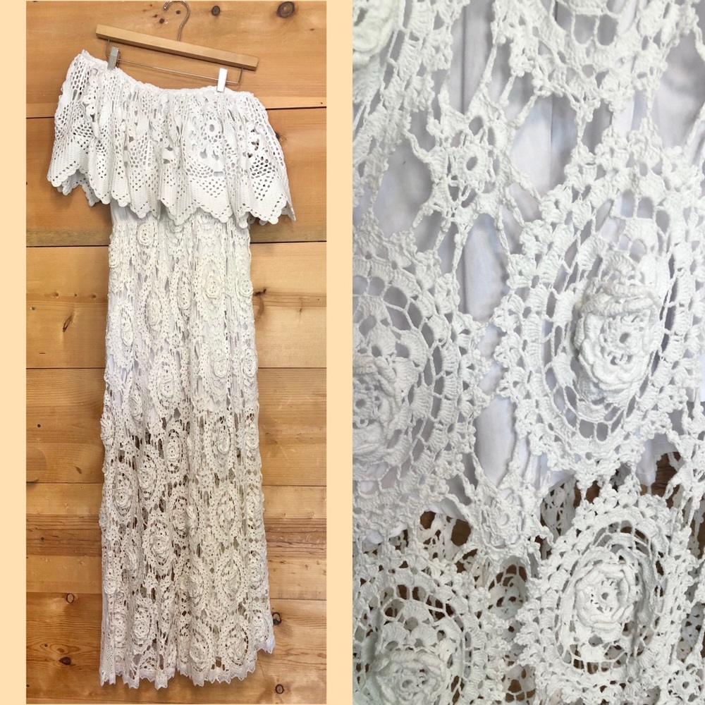 Place Nationale crocheted one shoulder asymmetrical retro maxi beach bridal boho